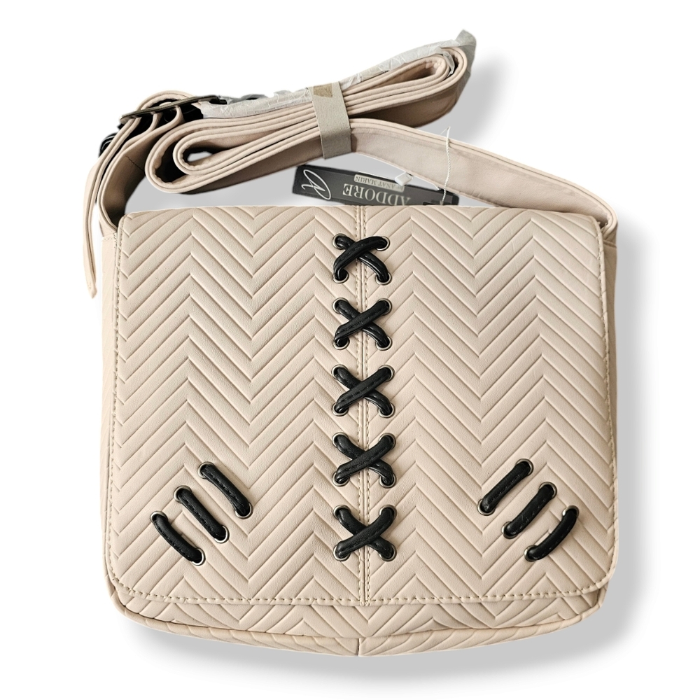 Addore Anat Marin Light Taupe/Cream Chevron Foldover Tasseled Crossbody Bag